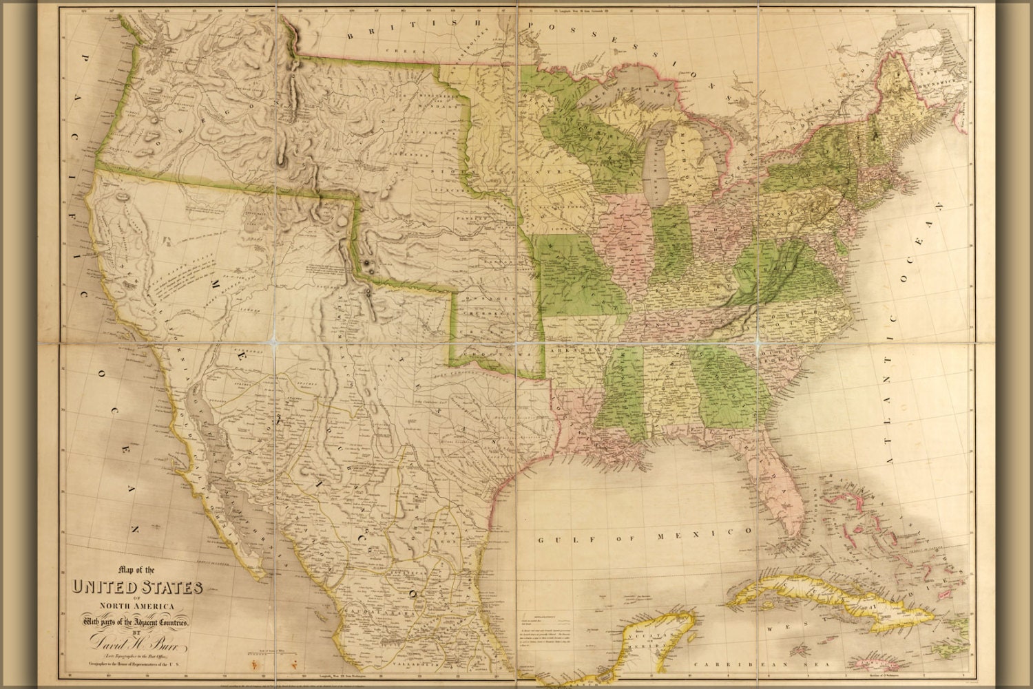 24x36 Poster 1839 Map Of The United States Of America