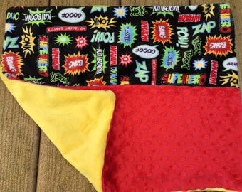 Toddler pillow travel pillow plane cusion little kid bed toddler bedding comic book superhero words red and yellow minky washable pillow boy