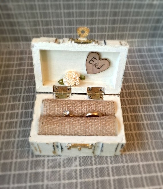 Wedding Ring Box Hand painted Rustic Primitive Antique white color distressed box with heart