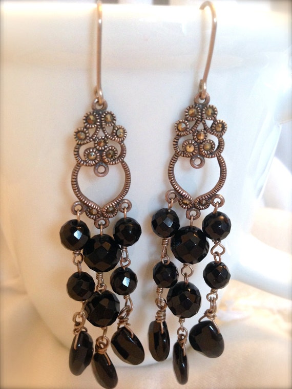 Items similar to Black Onyx Chandelier Earrings in .925