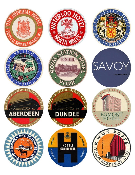 12 vintage luggage labels UK Denmark Norway Sweden and