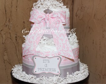 Princess Diaper Cake;Girl Diaper Cake;Princess Theme Baby Shower;Pink and Gray Diaper Cake;Elegant Diaper Cake;Pink Damask Diaper Cake
