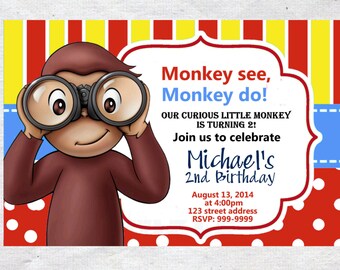 Curious George Birthday invite,Curious George invite,JPG file,Invite,Birthday Invite,Curious George, Curious George Birthday Invitation