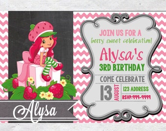Strawberry Shortcake Birthday Invitation Chalkboard Chevron Pattern Strawberry Shortcake Invitation