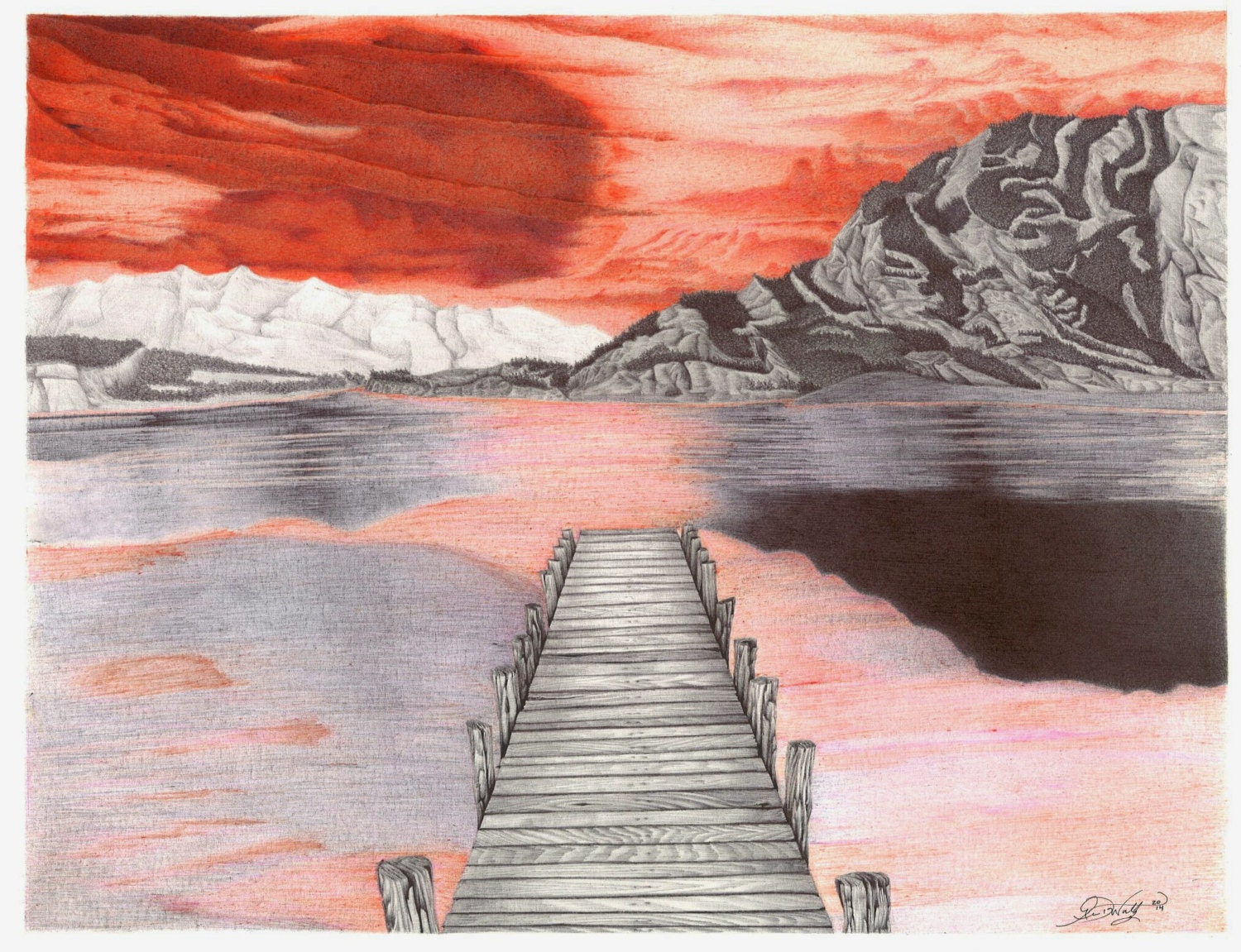 Sunset at the Dock INK DRAWING Original Print Giclee