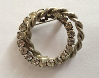 Vintage Silvertoned Double Circle Pin, Rhinestone Eternity Pin Brooch