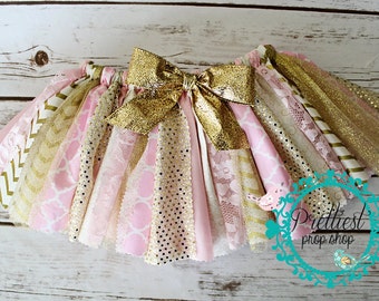 Pink and Gold Fabric Tutu, First Birthday Tutu Outfit, Cake Smash Outfit Girl, 1st Birthday Skirt, Scrappy Tutu, Pink Tutu Skirt, Pink Gold