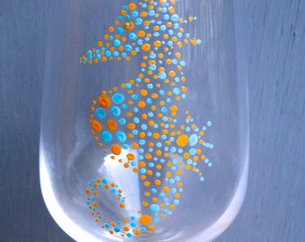 Hand Painted Wine Glasses, Sea Horse Wine Glass, Custom Wine Glass, Ocean Wine Glasses, Beach Decoration, Nautical Wine Glasses