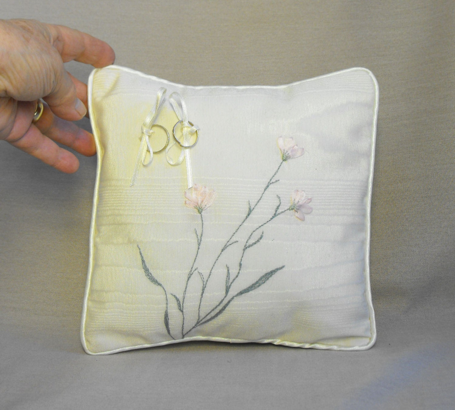 Elegant Embroidered Wedding Ring Pillow by BerthaDayFineCraft