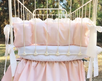 Cinderella Washed Cotton Ruffled Crib Bumpers in Baby Pink and Ivory
