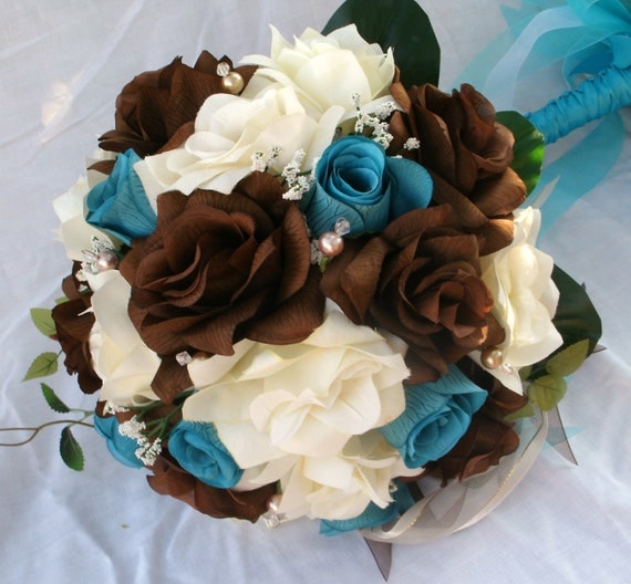 Silk Bride wedding bouquet blue and brown and ivory 12 pc