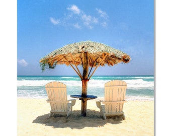 Beach chairs and palapa photo / cozumel mexico beach photo / tropical beach photo / mexico beach photo / Turquoise water photo /