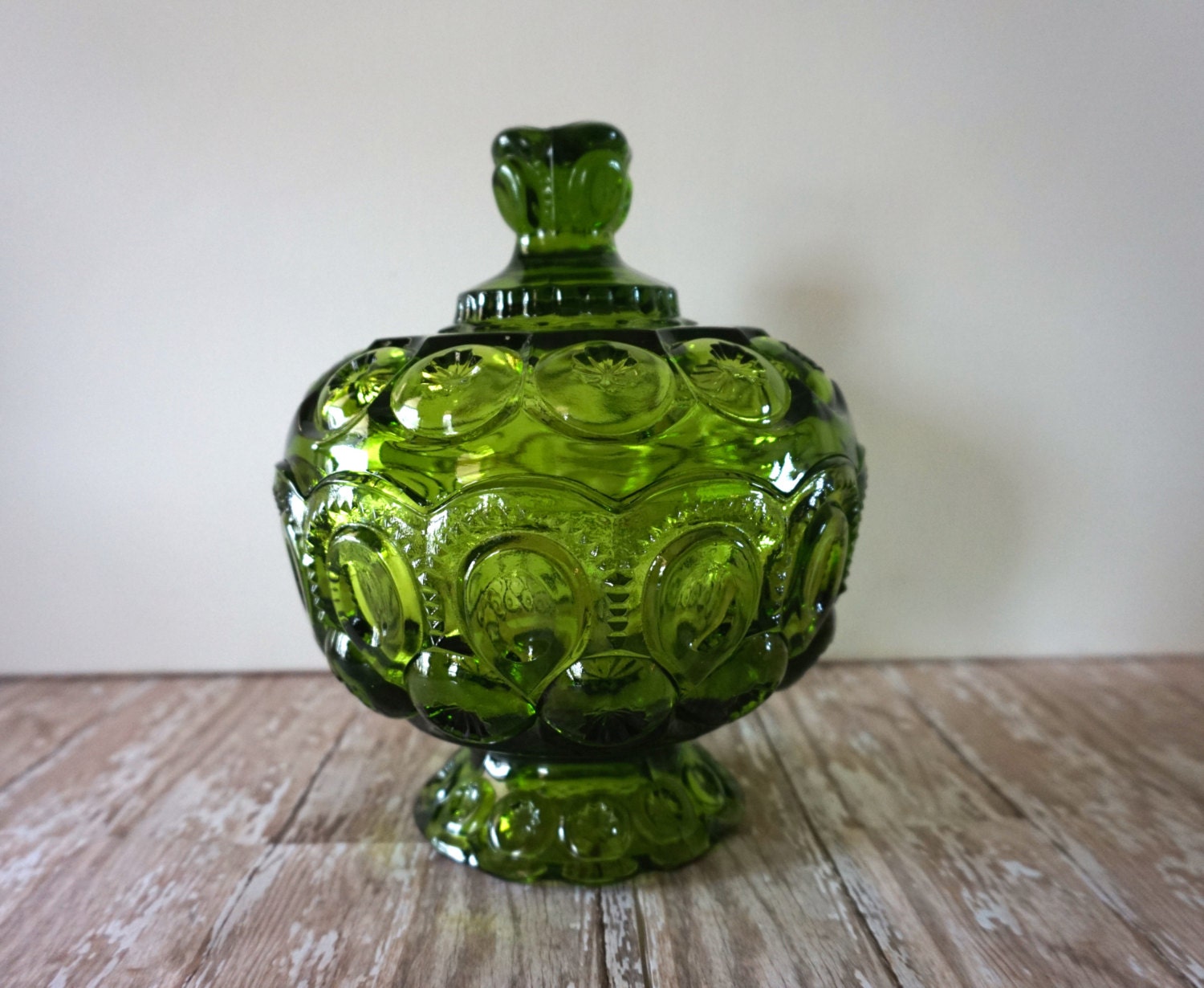Vintage Green LE Smith Moon and Stars Candy Dish with Lid