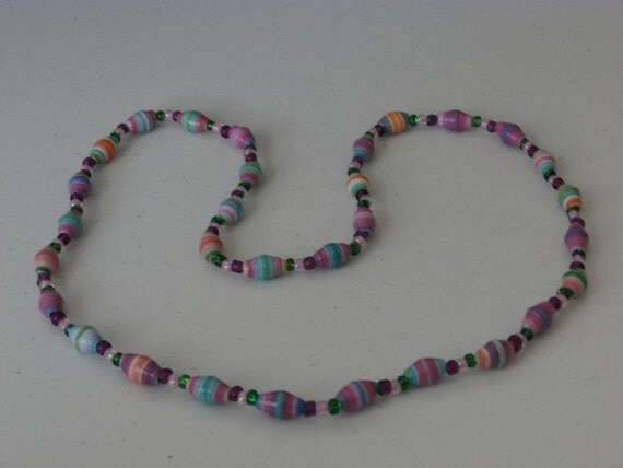 Paper Bead Necklace Pink Multi color Handmade by PStokleyCreations