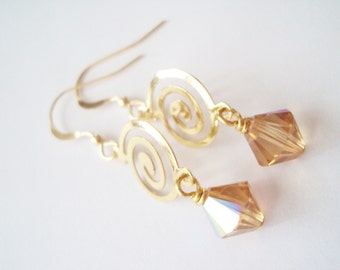 Grecian Swarovski Golden crystal dangly earrings in gold plated brass