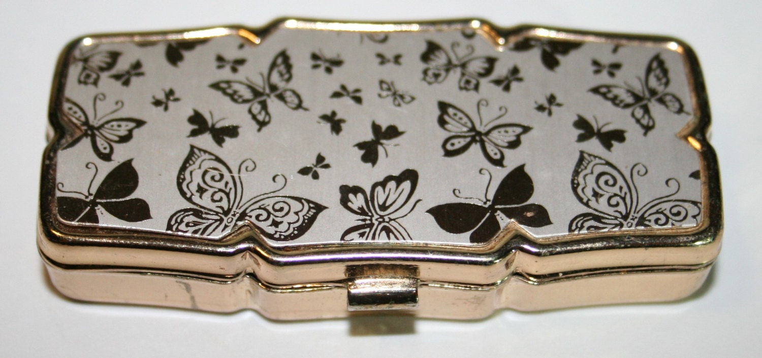 Vintage made in Japan pill box gold tone metal with butterfly