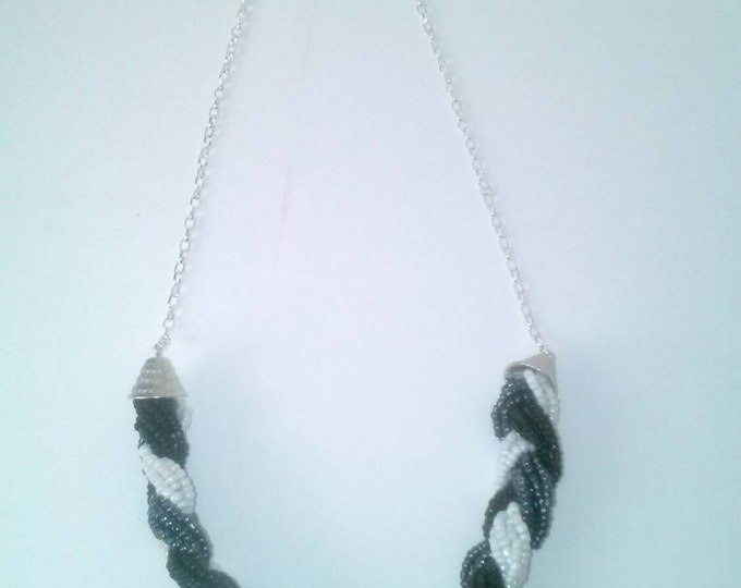 Black White Grey Cluster Braided Beaded Sliver Chain Necklace