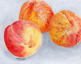 Three Peaches Painting, Fruit Painting, Kitchen Art, Small Format Art, Acrylic Painting