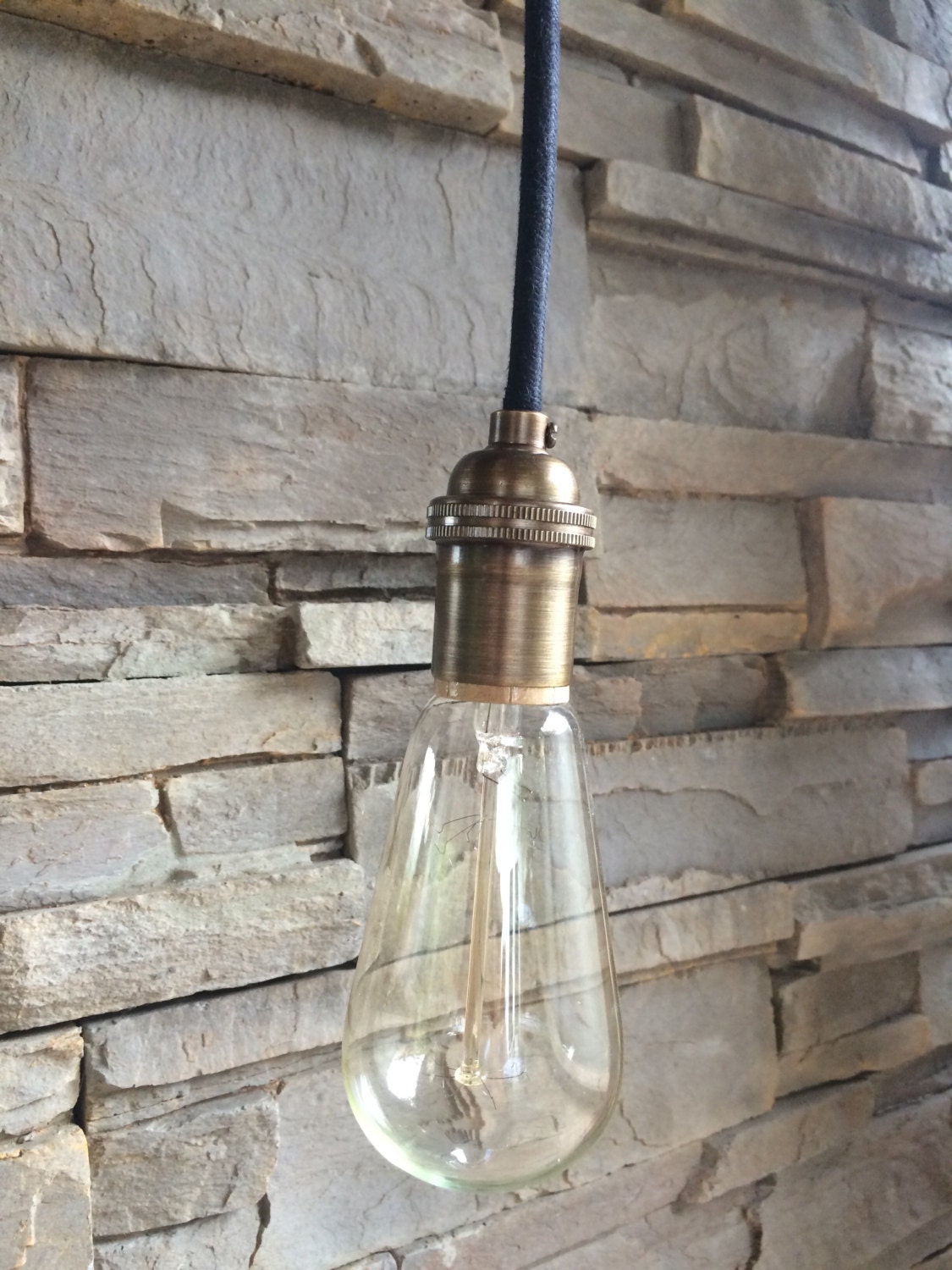 Hanging pendant light cloth covered round wire solid brass