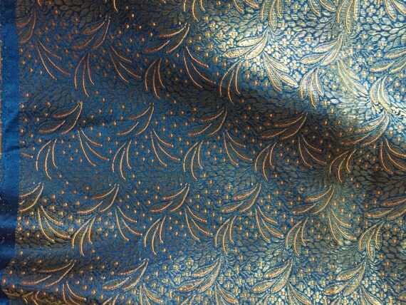 Silk Brocade Fabric Blue Silk Brocade Gold Silk by BulldogAndBaum