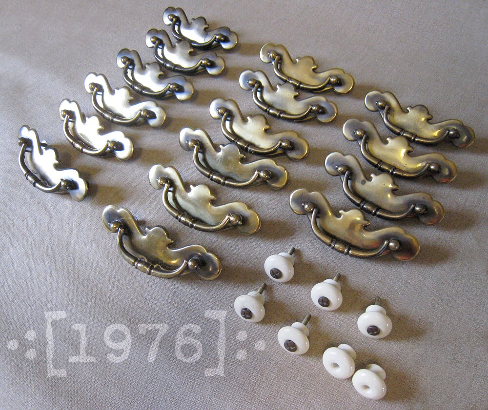 16 Ethan Allen 1976 Brass Drawer Handles and 7 OffWhite Drawer Pulls