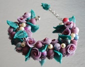 Charm Bracelet handmade Jewelry polymer clay flower bracelet gift idea for her purple and green flowers roses Charm Bracelet handmade Jewelry polymer clay flower bracelet gift idea for her purple and green flowers roses