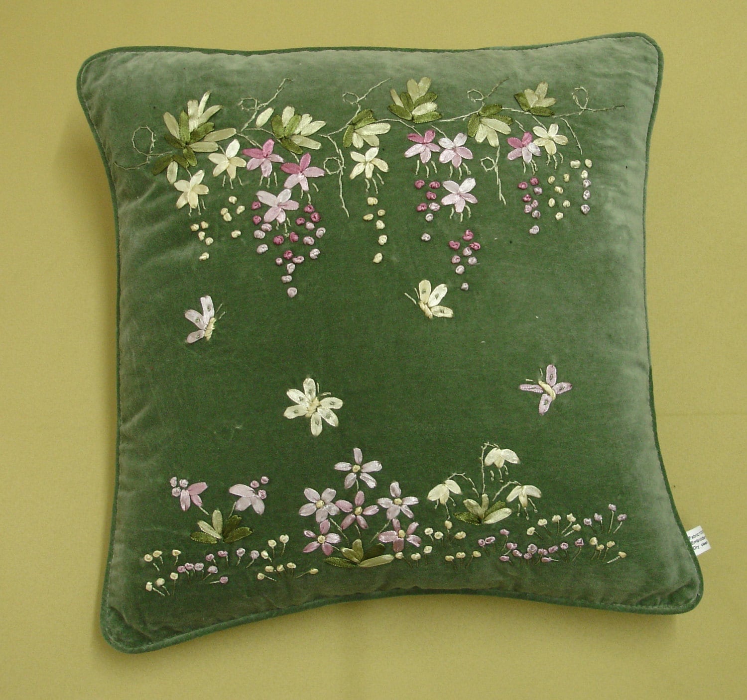 Green Velvet Ribbon Embroidery Wisteria Cushion Cover CU65
