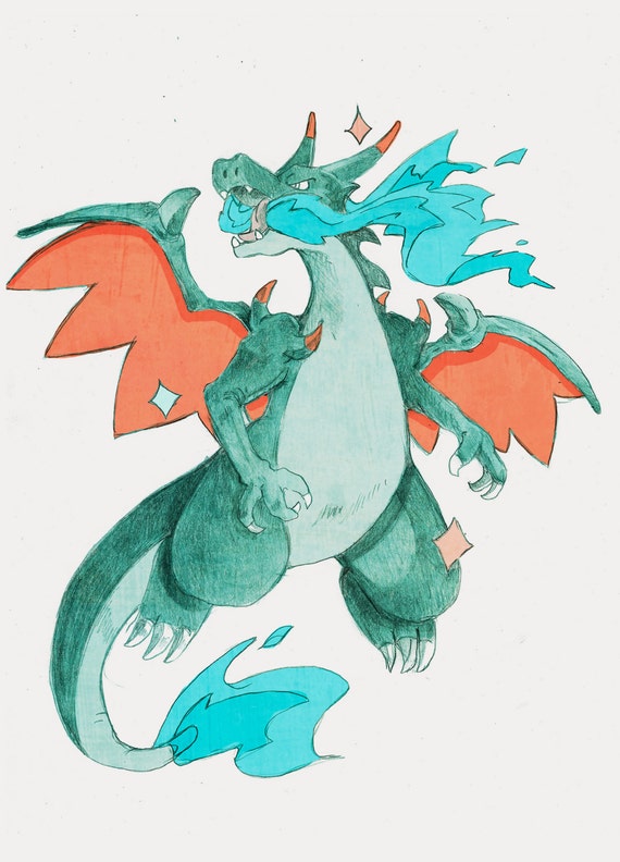 items similar to shiny mega charizard x print on etsy