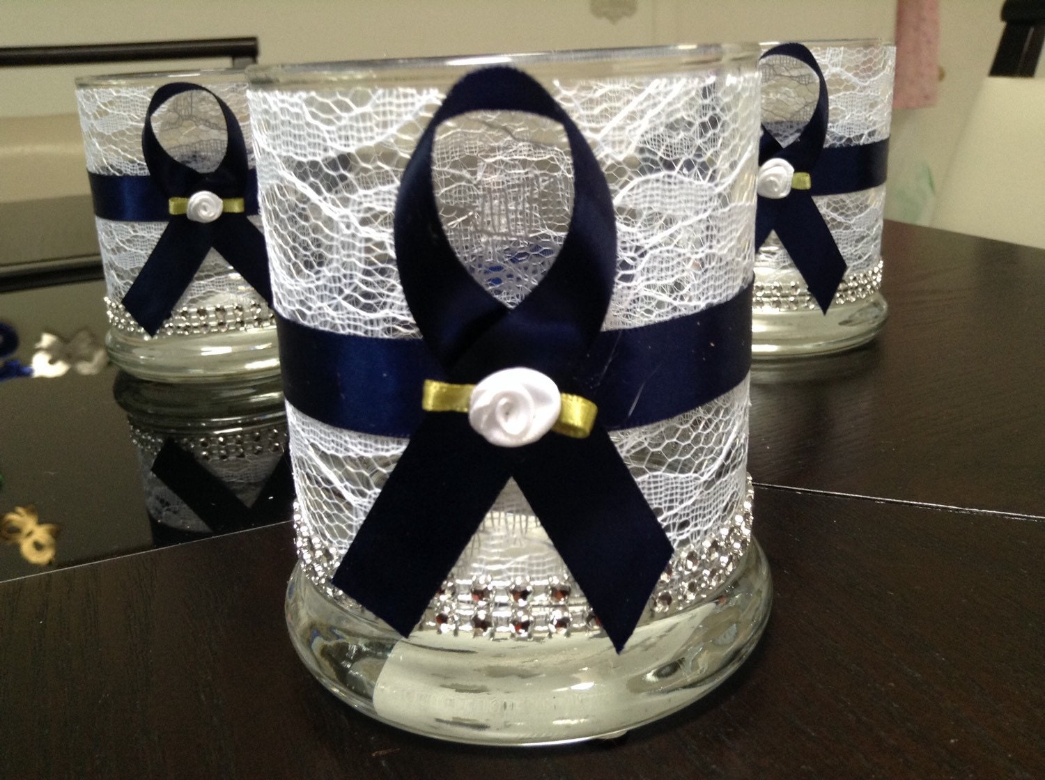 12 Votive candle holders W/navy blue ribbon