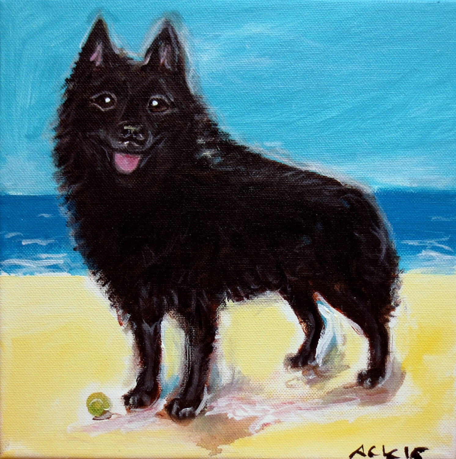 Cute Schipperke Schipp beach dog art original dog painting