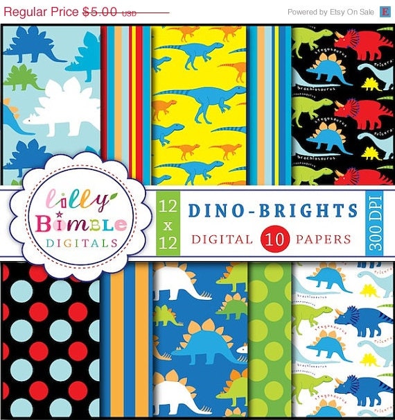 50% off Dinosaur Digital Papers DINO-BRIGHT trex, boy birthday scrapbook paper DOWNLOAD Il_570xn