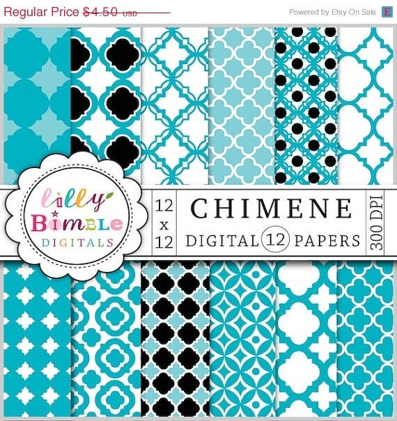 50% off Quatrefoil digital scrapbooking papers in blue, black, lattice, cathedral patterns digital download Il_570xn