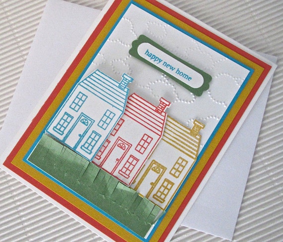 Happy new home card housewarming handmade stamped heat-embossed dry-embossed colorful houses stationery greeting home living