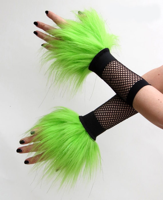 Furry Wrist Cuffs Glitter Sparkle Lime Green Fuzzy by VinylDolls