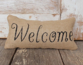 Welcome - Burlap Feed Sack Doorstop - Typography Door Stop