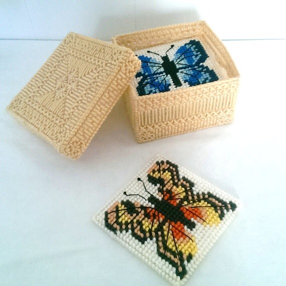 Needlepoint Butterfly Plastic Canvas Coasters by StudioSeaGlass