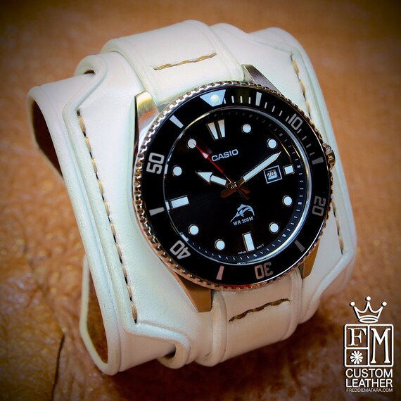 Leather cuff watch White layered leather handstitched Casio Divers for Spring/Summer 2015- made for YOU in NYC by Freddie Matara!