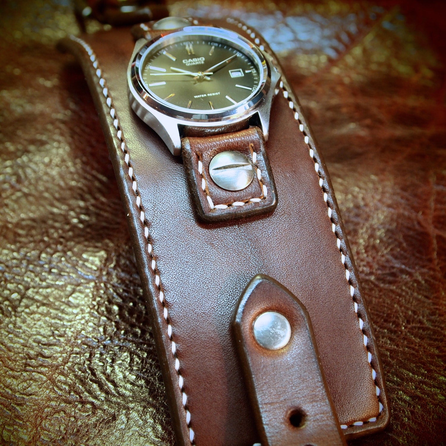 Leather cuff Watch -Vintage brown bridle leather handstitched watch ...
