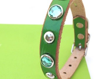 Leather Dog Collar in Bright Green with Sparkles and Studs, Size S, to fit a 10-13in Neck, EcoFriendly