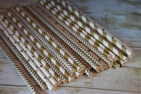 100 Gold Paper Straws, assorted patterns, chevron, stars, stripes, spiral Il_570xn