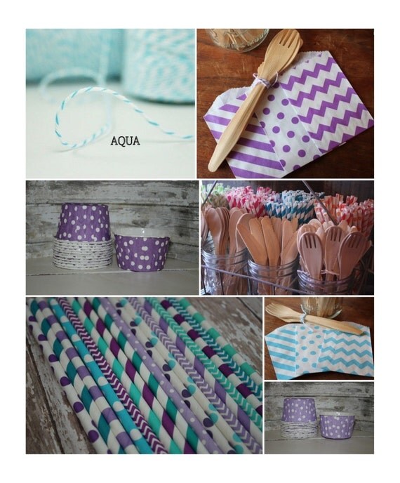 Frozen Party Pack -- Paper Straws, Favor Bags, Nut Cups, Bakers Twine; Purple, Aqua, Lavender, Turquoise Il_570xn