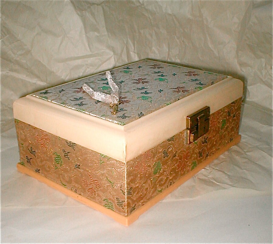 Brocade Covered Jewelry Box with Locking Key Vintage Early 50s