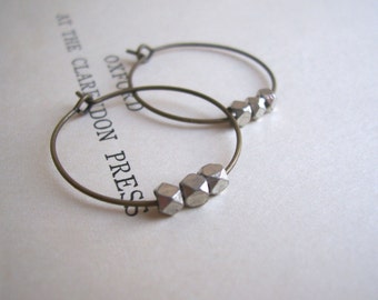 Silver and Bronze mixed metal hoop earrings - little facetted beads - nickel free