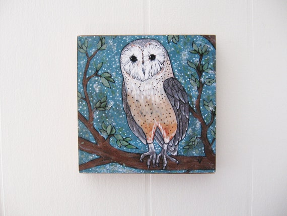 Art Print on Wood - Owl - Woodland - Night Time - Barn Owl - 5x5 - Wall ...