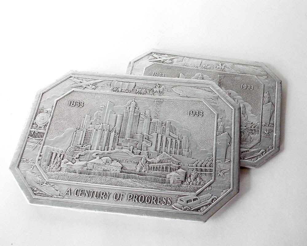 1930s Silver Hot Pads Chicago Worlds Fair Trivets Aluminum