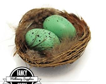 1 - Fake - Bird Nest with Robins Eggs - Straw - Feathers - Millinery - Hat Decor