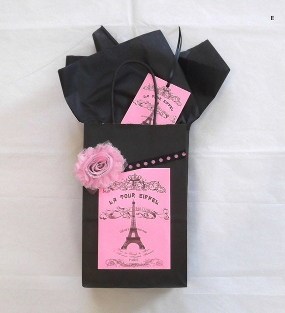 Paris Eiffel Tower Gift Bag in Hot Pink Black Paper Favor Bag