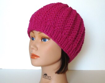 Magenta Pink 100% Wool Ribbed Beanie Hand Knit by Lynne