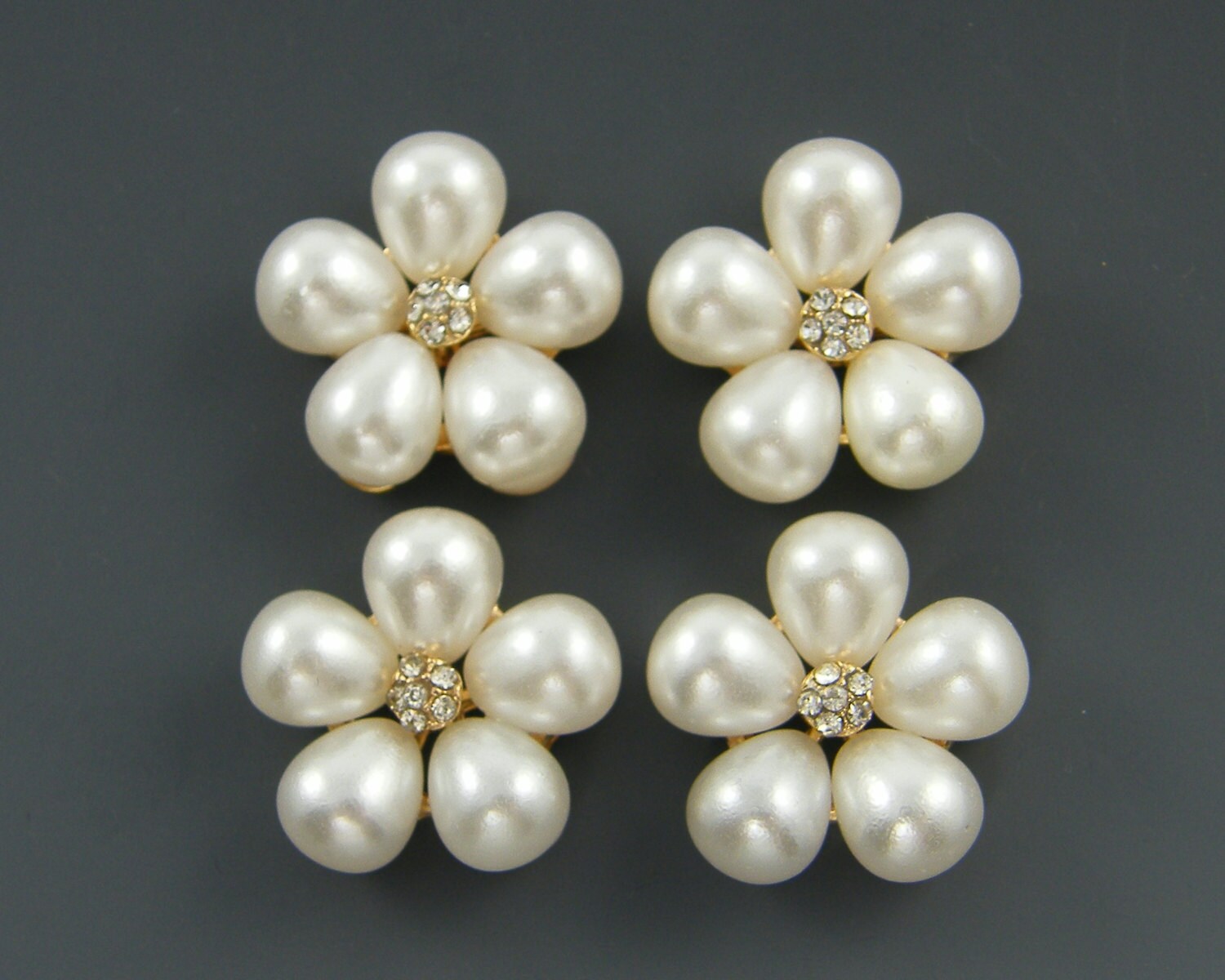 Pearl and Rhinestone Flat Back Button Gold Pearl Clear