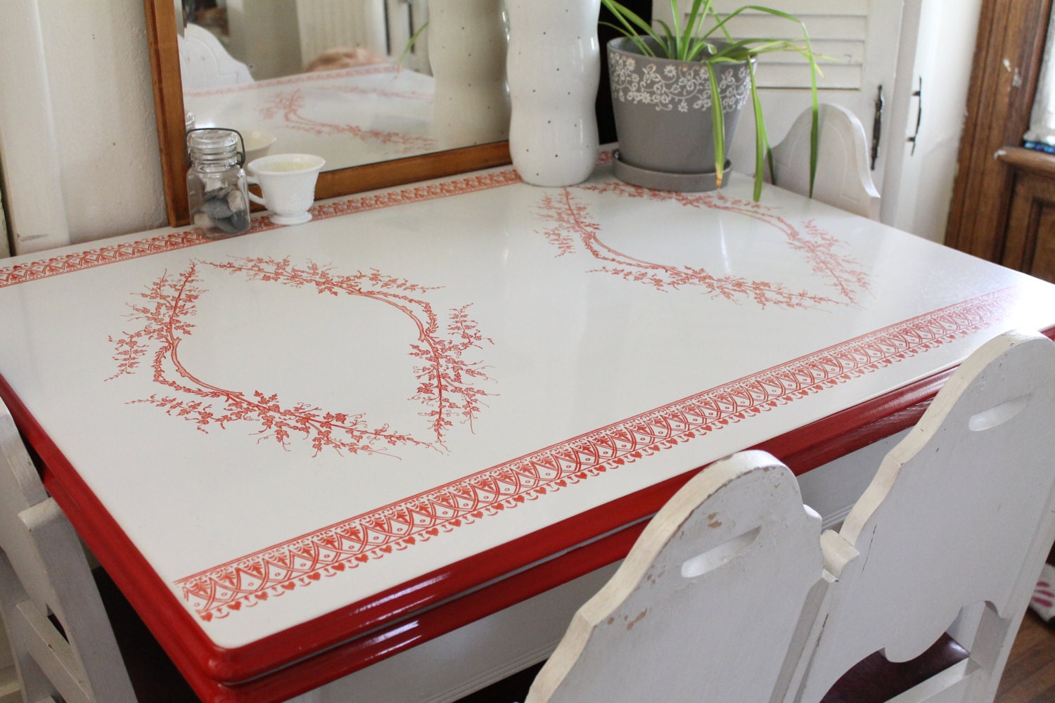 enamel kitchen table red brown white wood